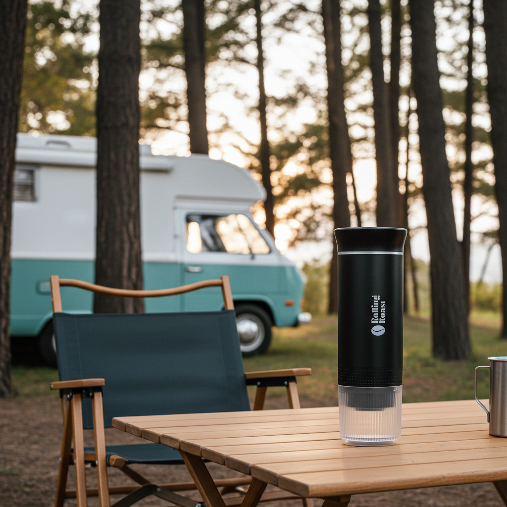 Rolling Roast Nomad op een kampeertafel: espresso zonder stopcontact